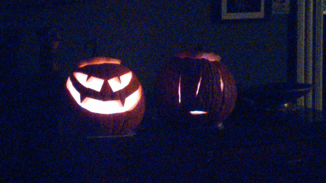 My pumpkin's catch phrase is: "Your children were delicious!" My wife's is, "Boo."