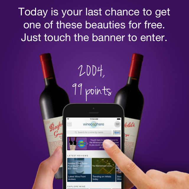 wineosphere's tweet photo. Today's the last chance for a free bottle of 2004 99 point Grange. Go for it here! https://t.co/eZZ9DpYlmZ https://t.co/7jJEEX0Vf0