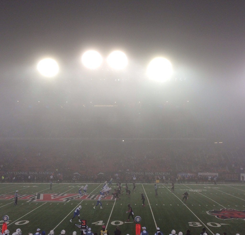ladonasmith's tweet photo. There's a football game down there somewhere #fogrollsin #RedWolveswin #WolvesUp https://t.co/kWrH4AvktH