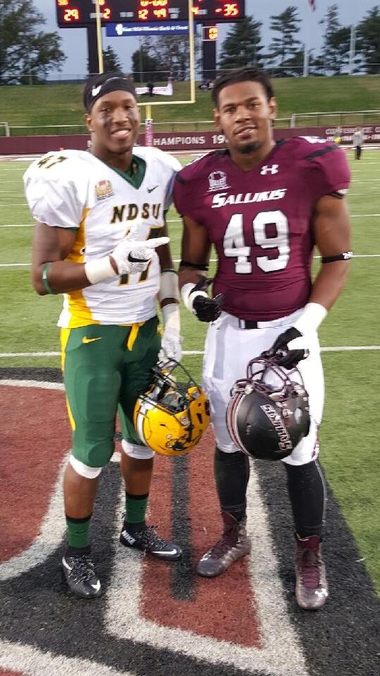 CameronPettus's tweet photo. Great pic of alums @pierre_tucker and @RealDeal_Tmill today @NDSUfootball vs @SIU_Football  #veryproud #bwsports https://t.co/RzisI548mS