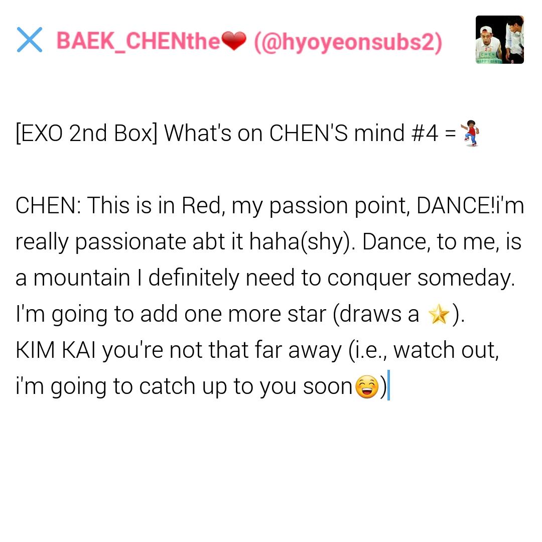 hyoyeonsubs2's tweet photo. [EXO 2nd Box] What's on CHEN's mind
#4💃 
#ChensingMachine warning DancingMachine: "KIM KAI, u r not that far away"😁😁 https://t.co/xyTw7sj5Ps