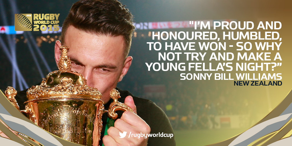 rugbyworldcup's tweet photo. .@SonnyBWilliams on giving his #RWCFinal winners' medal to a young fan at Twickenham - what a hero! https://t.co/UddQIZlcEi