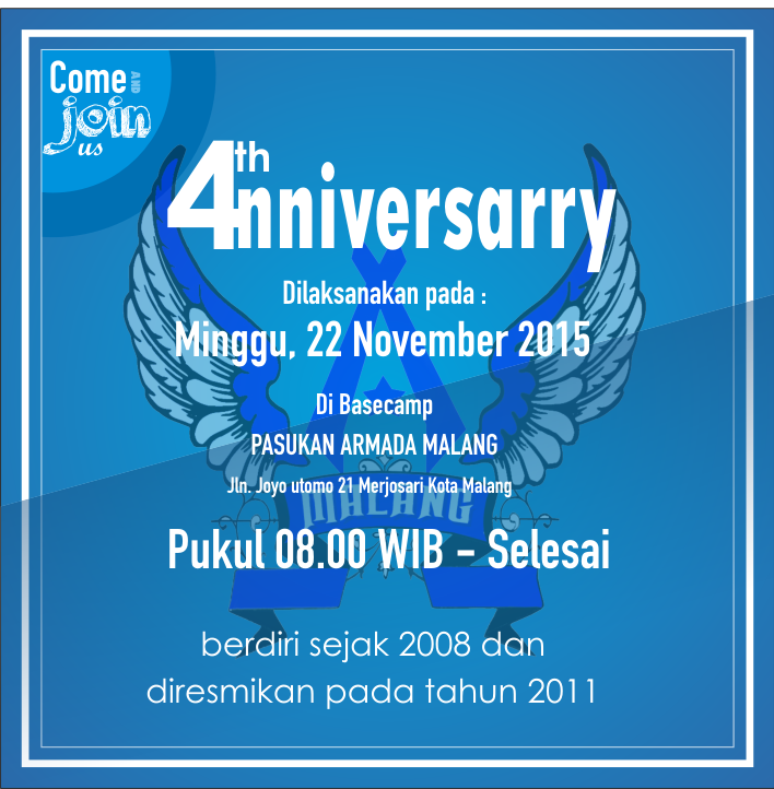 PA_Malang's tweet photo. perayaan 4 tahun pasukan armada malang, diselenggarakan di basecamp pasukan armada malang, pukul 08.00 WIB https://t.co/7XEXOHSCcZ