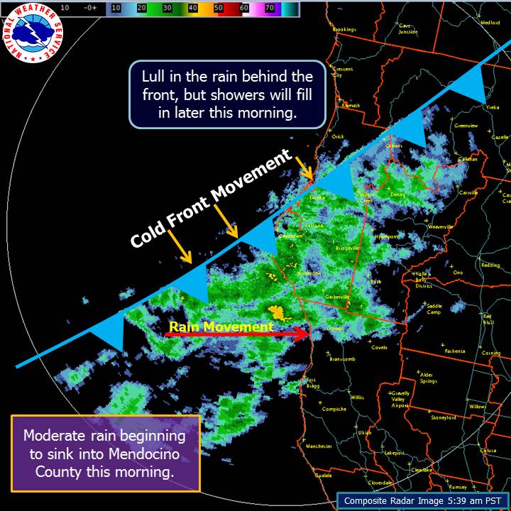 NWSEureka's tweet image. 5:39 am Radar image
#MendocinoCo &amp;amp; #TrinityCo starting to get rain. Lull to become showers behind front. #cawx