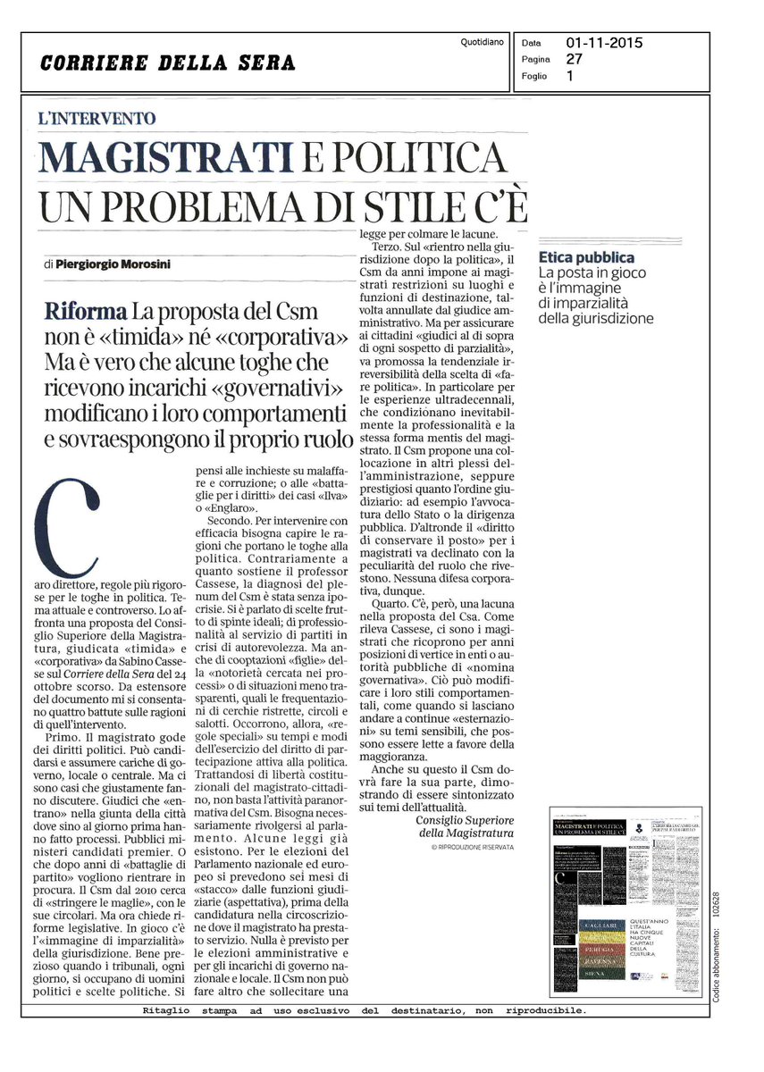pgmorosini's tweet photo. La proposta del #Csm per i magistrati in politica: un mio intervento su @Corriereit in risposta al prof. Cassese https://t.co/pXAO6WRyg0