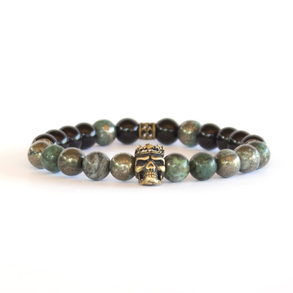 #Bracelet with fine #jade and black onyx and #vintage #style brass #skull with a crown. #Halloween #MensJewelry