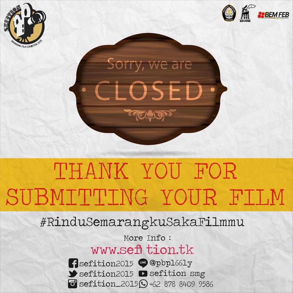 sefition2015's tweet photo. Dengan dikirimnya pesan ini maka pendaftaran film pendek resmi ditutup!!!!

🚫 CLOSED 🚫

#RinduSemarangkuSakaFilmmu https://t.co/Yy3PtoMyhB