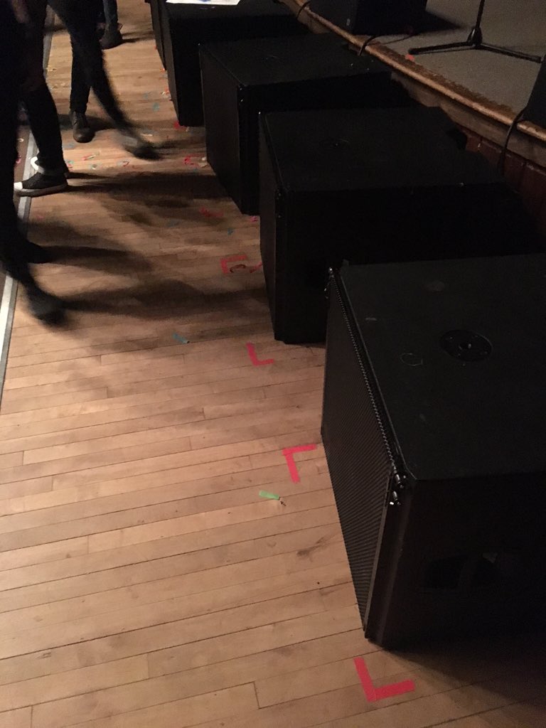 WorshipSoundGuy's tweet photo. So these subs started in a straight line where the floor tape is, but they didn't stay there! #CrankThatBass https://t.co/KofZ7sijHW