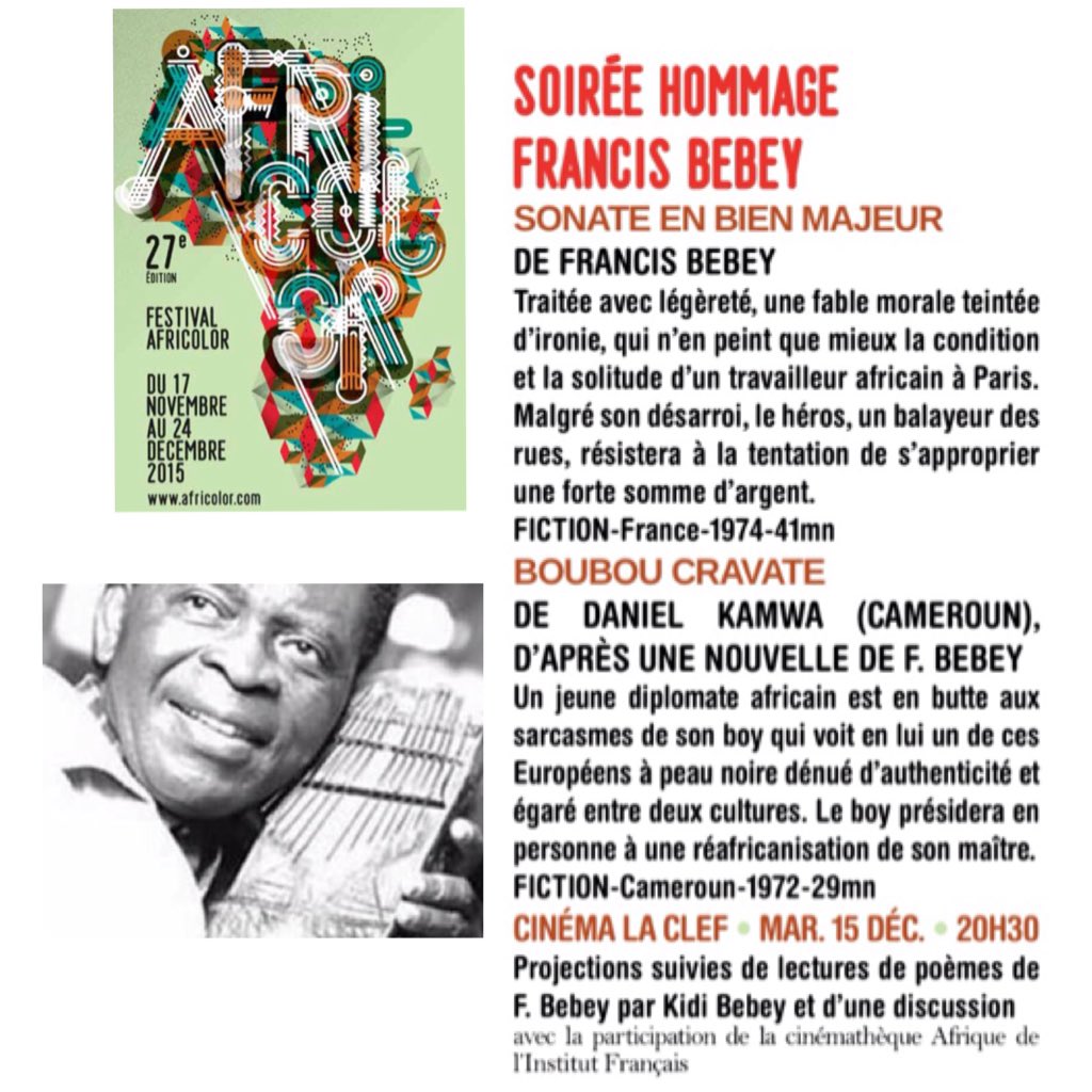 BlacknoteAgenda's tweet photo. Mar 15 déc 
Hommage à Francis Bebey au @CinemaLaClef 
https://t.co/vkzK4iIxkn 
#BNdecembre2015 #africolor https://t.co/7f92ktI47v