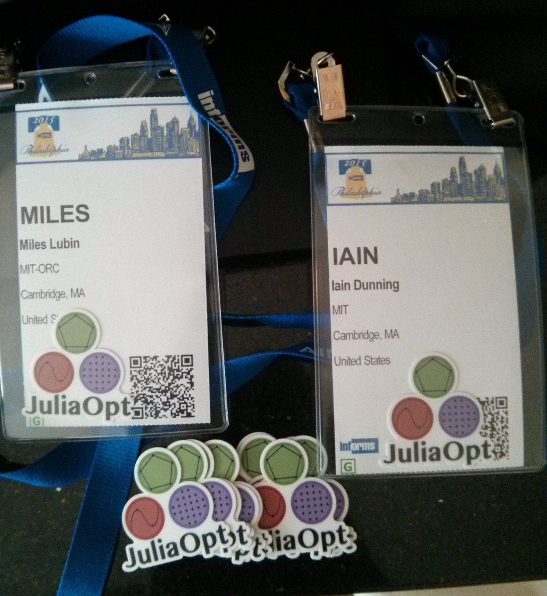 iaindunning's tweet image. Team #JuliaOpt is at #informs2015 -- come to our meetup on Tuesday groups.google.com/forum/#!topic/…, or get a sticker from us