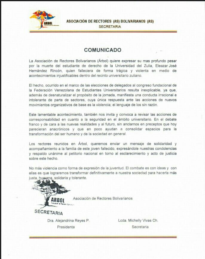 Asociacion de Rectores Bolivarianos ARBOL expresa...