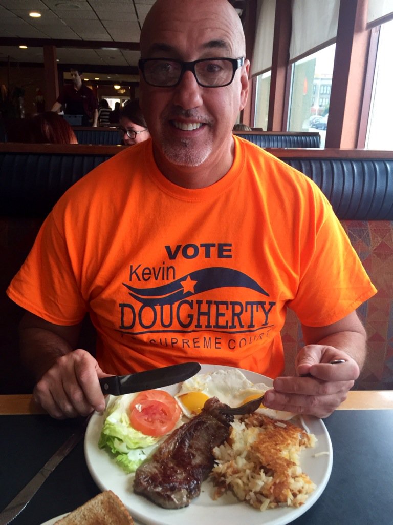 JosephBrooksPA's tweet photo. Eating steak & promoting @doughertyforpa Good start to any day. #KevinDougherty #PASupremeCourt https://t.co/ewLi4RmpFq