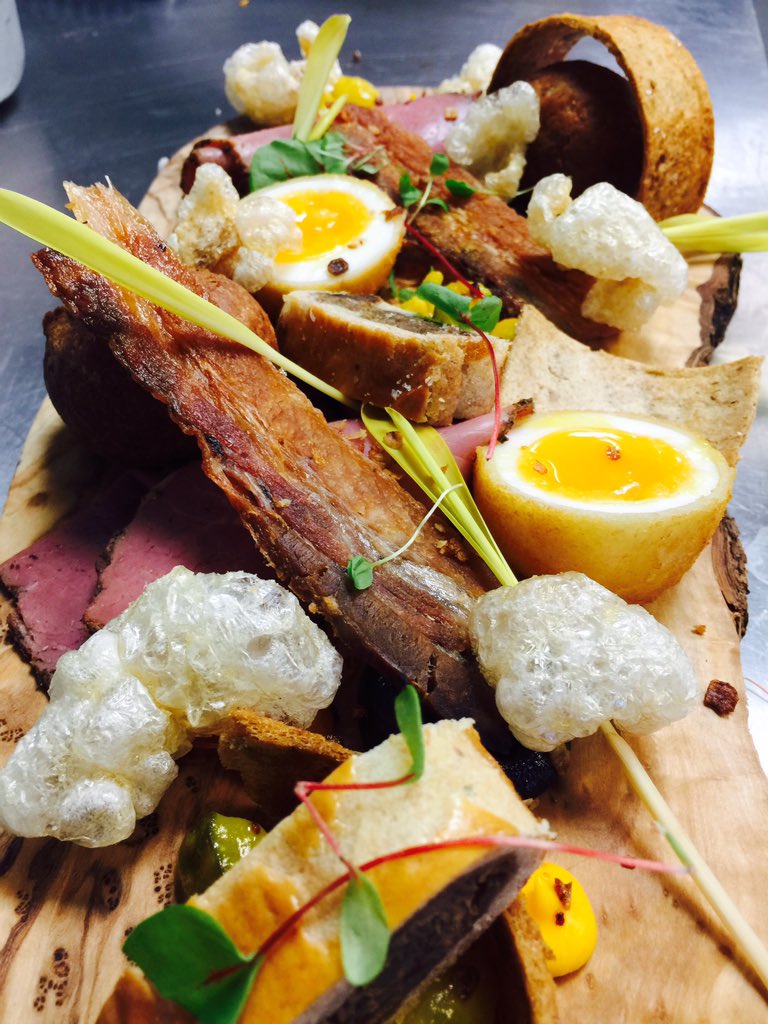 GothamChefs's tweet photo. Meat platter @ClubBrass @HotelGotham #lunchmenu chicken doughnut, cured meat, pork popcorn, duck fig roll #foodporn https://t.co/Zs17KELAkT