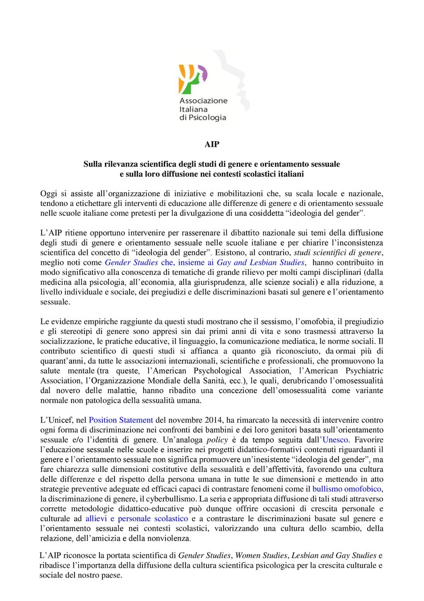 La nota dell'Associazione Italiana di Psicologia, la differenza tra gender studies e la falsa teoria del #gender.
