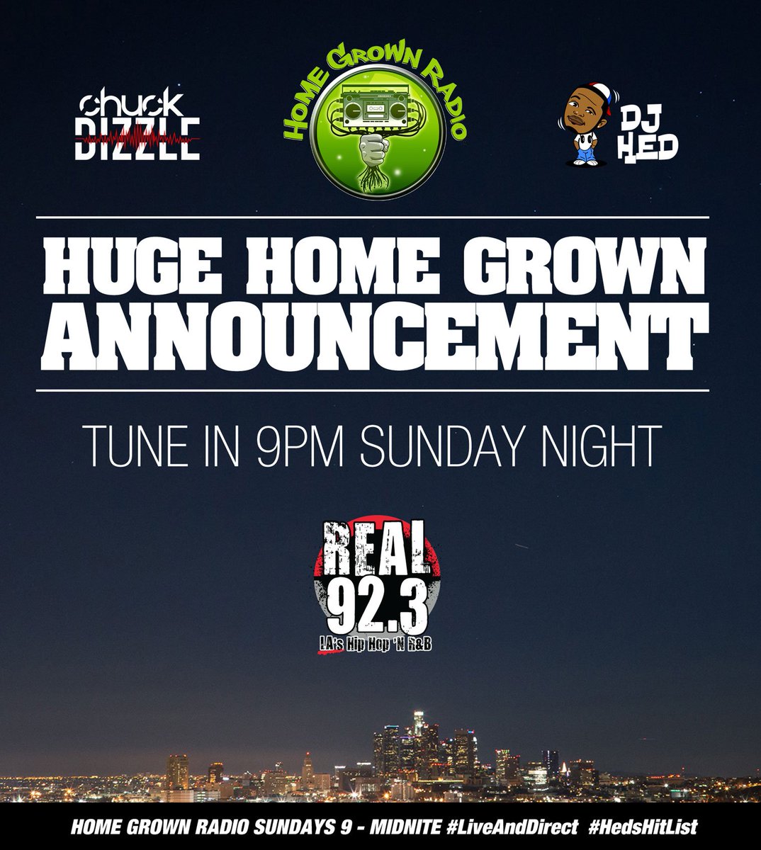 Shyster1982's tweet photo. Tune in at 9pm on @Real923LA as @iAMChuckDizzle and @DJHed make a special @HomeGrownRadio announcement!! #HGRonREAL https://t.co/7Y2a9SsEGG