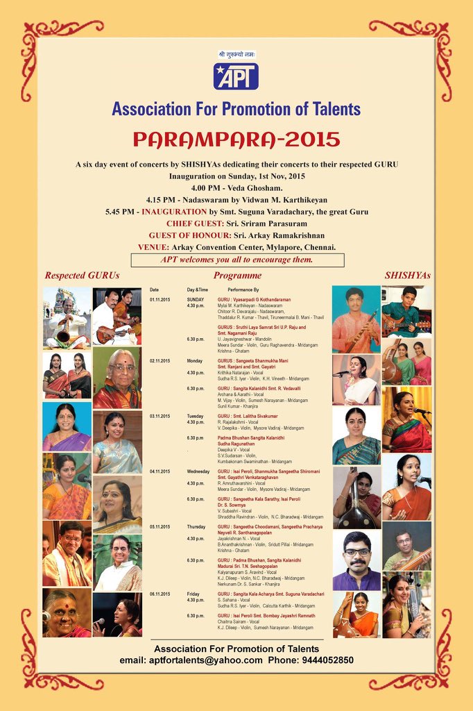 ChennaiSeason's tweet photo. Parampara, a six day concert series of young artistes in the presence of their gurus. https://t.co/Nd0H8tWdOF