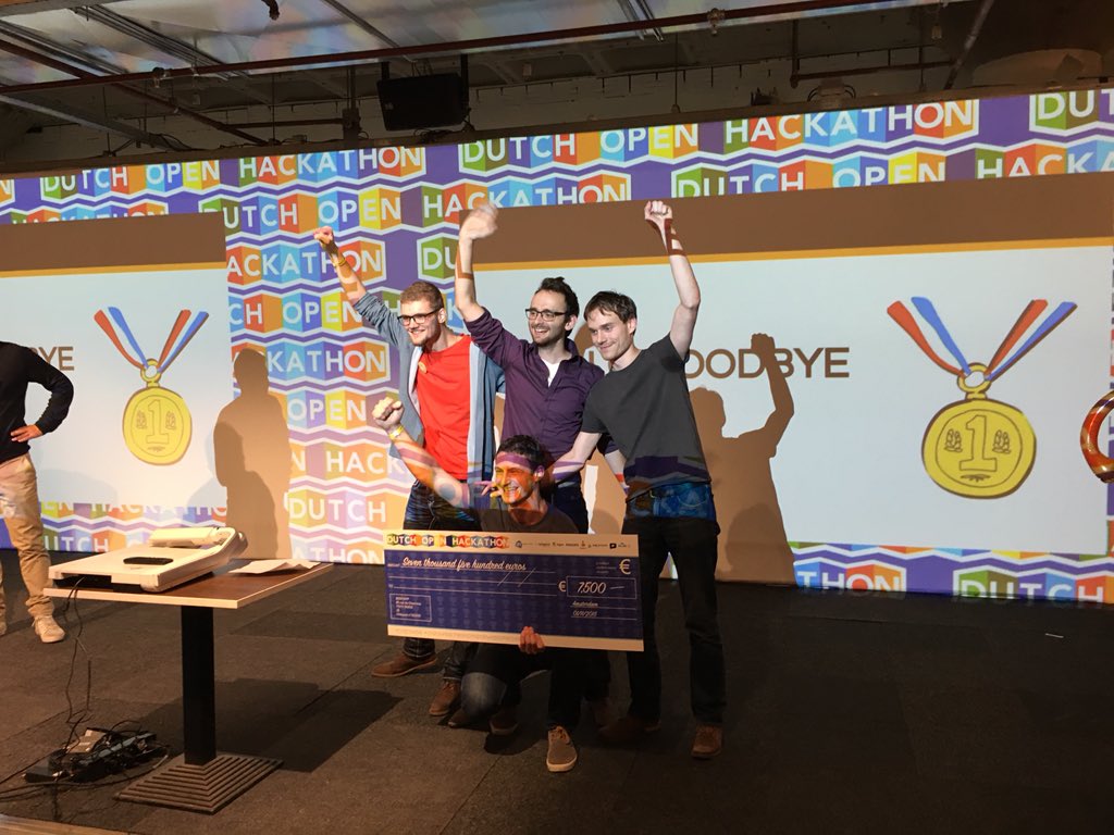 dutchhackathon's tweet photo. The winners of the Dutch Open Hackathon 2015: Hello Goodbye! Congratulations! #winning #dutchhack15 https://t.co/y4Ohfpm1x3