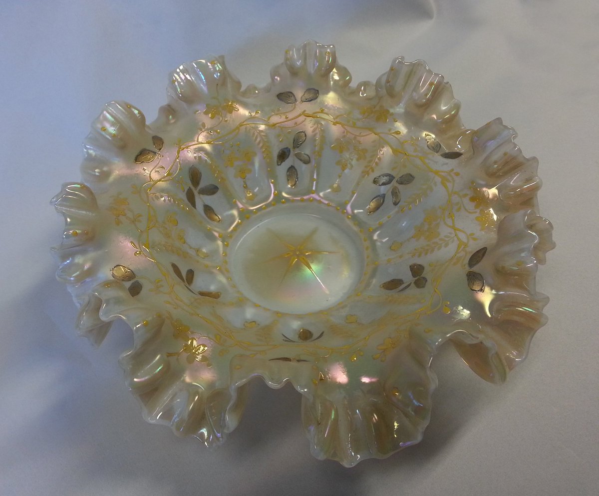 Just listed for sale - Stunning Iridized AURORA PEARLS Bohemian Glass Enameled Brides Bowl: allantiqueglass.com/aurora-pearls-…
