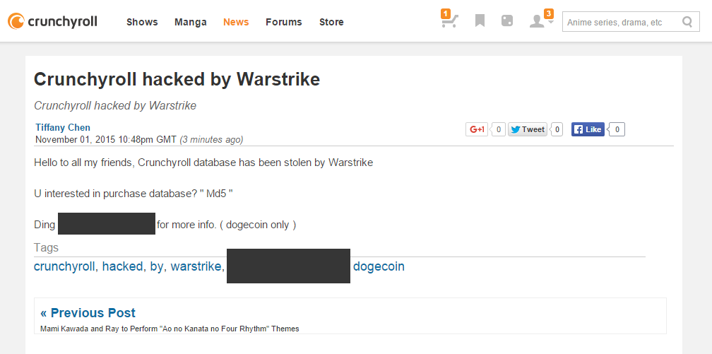 Daiz42's tweet image. Apparently @Crunchyroll's user database was hacked and they had passwords hashed in MD5... isn't that just great.