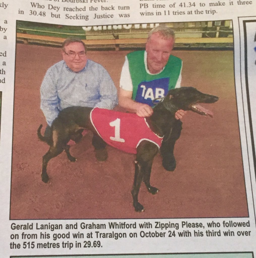 ZippingPlease's tweet photo. Here I am with my trainer @yarramwhit and my owner @GuruGezza in the Greyhound National Paper!🐾 https://t.co/SkEQgvcj6l