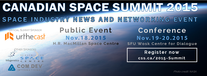CdnSpaceSociety's tweet photo. It's time again! #CanadianSpaceSummit2015 #CSS2015
Registration open https://t.co/kiNF3QyuIe
#space #Vancouver2015 https://t.co/VKlqiSrnl2