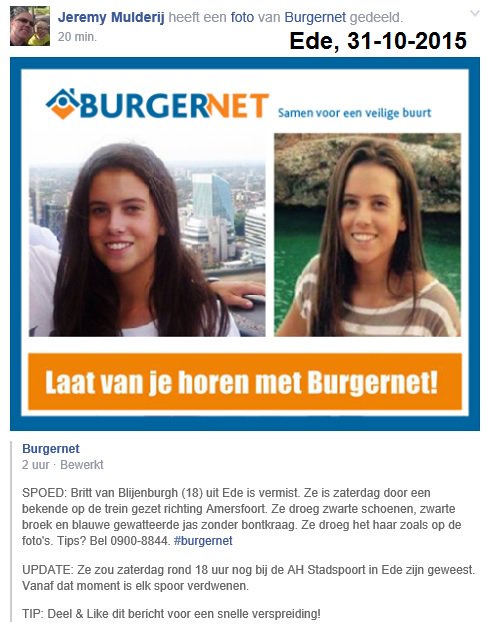 IwanowitschWERK's tweet photo. .@ #Vermist sinds zat 31-10-2015 ------>#Amersfoort 18 jarige #Britt van #Blijenburgh uit #Ede ------> Graag delen. https://t.co/Y4fuxo17nF
