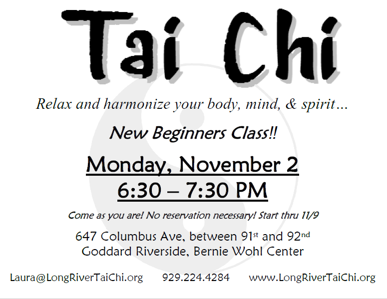 ClarkLa2's tweet photo. Thanks @PRZ_MAN! Latest info attached for beginners Tai Chi class Monday 11/2 6:30 647 Columbus Ave btwn 91&amp;92 St https://t.co/PyYASbX35C