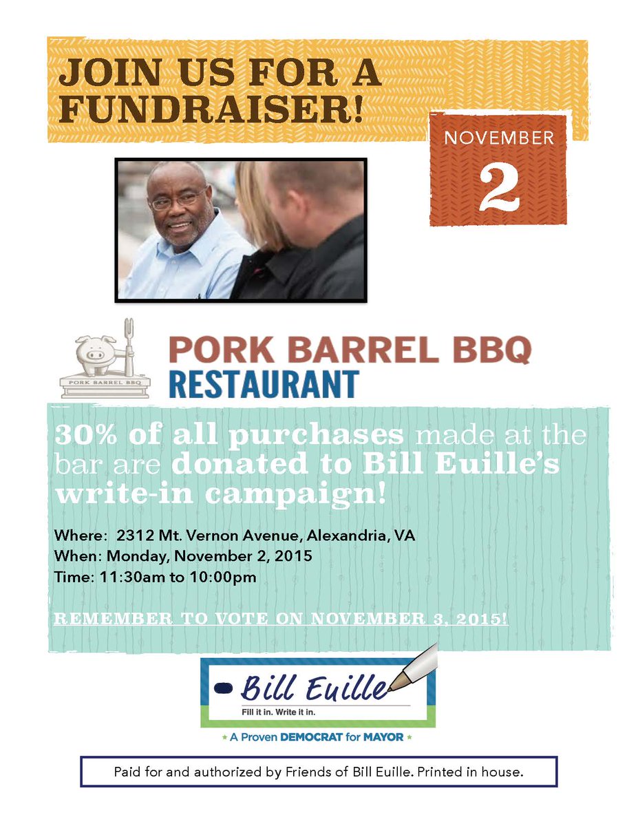 BillEuille's tweet photo. Join us for our last fundraiser on Monday, November 2nd, at Pork Barrel BBQ! https://t.co/nK5eTTsMMl https://t.co/vmAQCVUP9w
