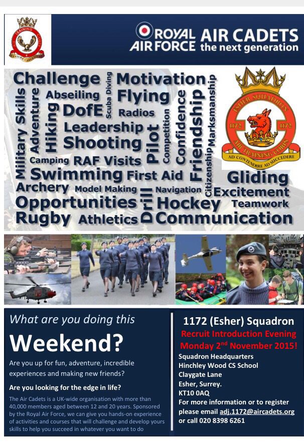 Enjoying #InsideRAF ? - join Air Cadets - Esher are recruiting - Intro Ngt - 2 Nov 8pm at Hinchley Wood School