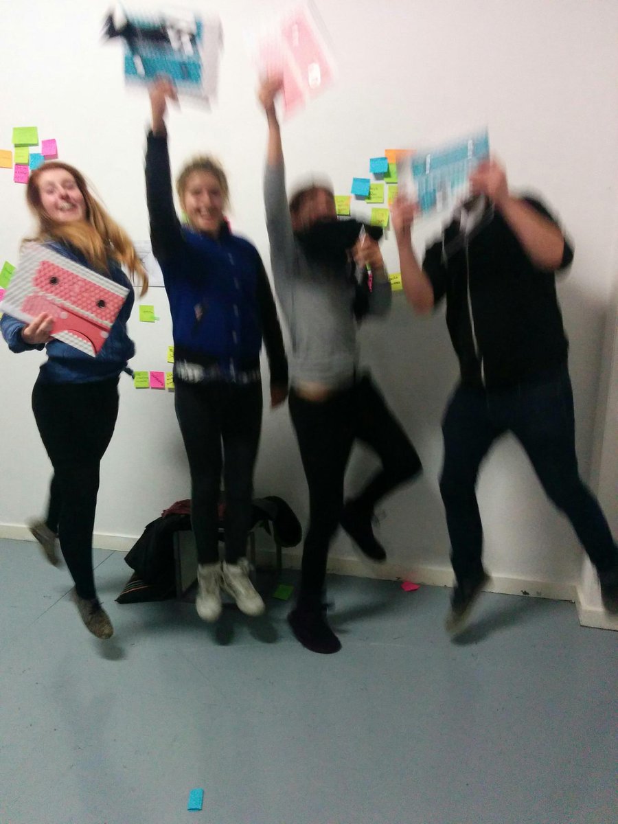 hackastory's tweet photo. Jump for joy. Happy winners of the VR cardboards during our hackathon. Big thanks for @VRmaster and @detleflg https://t.co/8ITWWF0Jz5