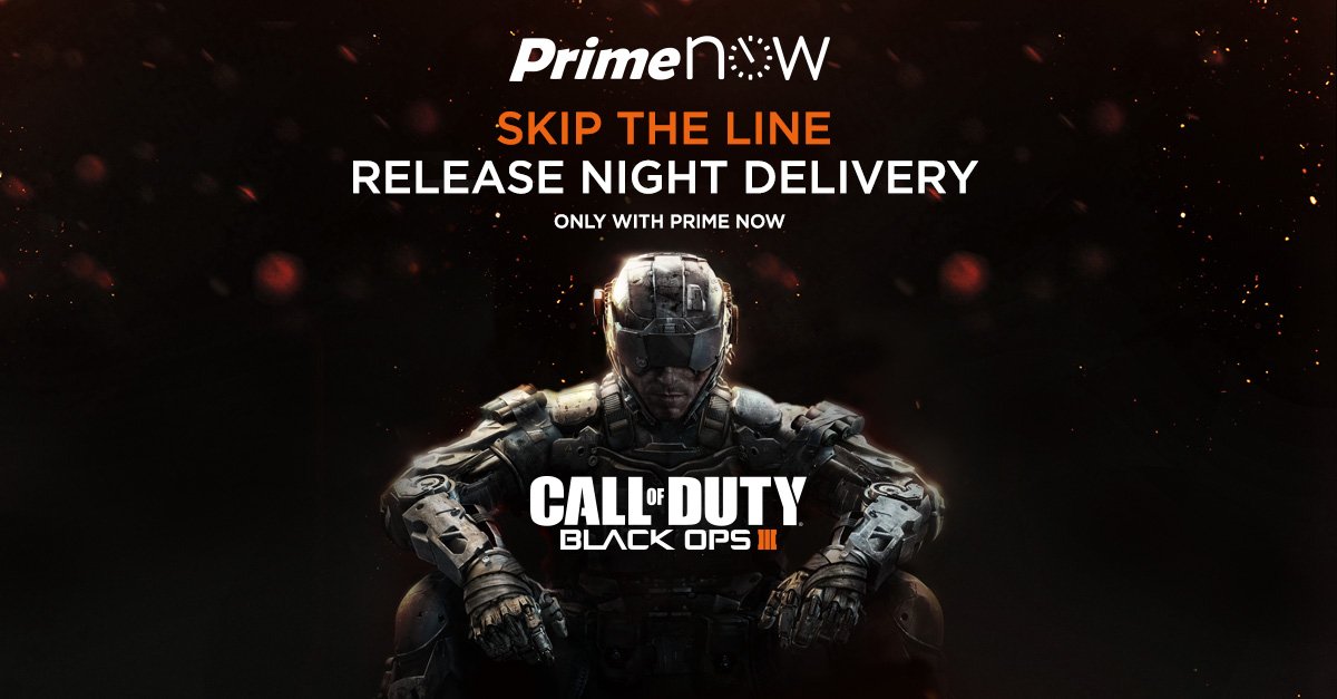 CallofDuty's tweet photo. Can’t wait for #BlackOps3? Order with the Prime Now App for release night delivery on Nov 6: https://t.co/1gFdTBqYNl https://t.co/q61MgzZ5on