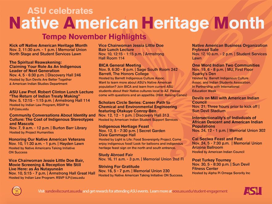 USGTempe's tweet photo. ASU Native American Heritage Month kicks off tomorrow! Check out all of the events on Tempe campus! #NAHMatASU https://t.co/C93cnixwUk