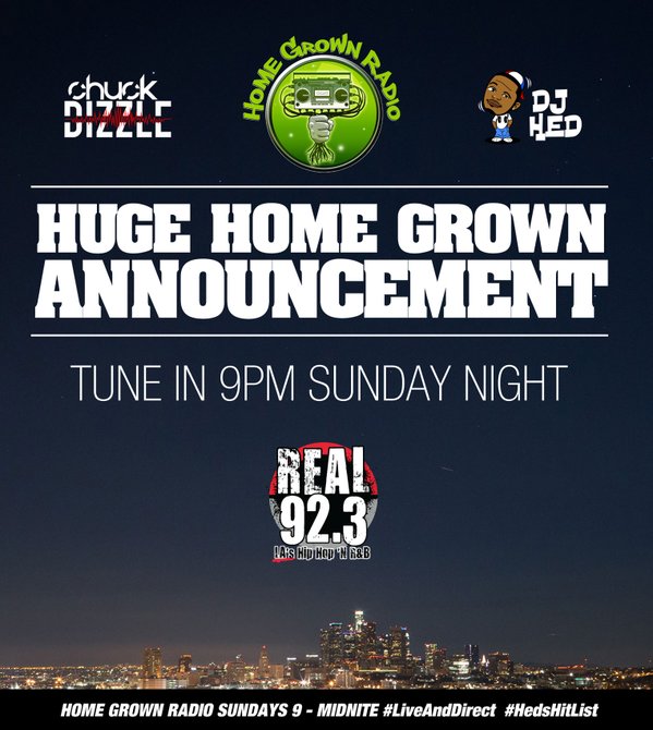Shyster1982's tweet photo. HUGE @HomeGrownRadio ANNOUNCEMENT in 30 mins!!! This one is for you LA. Tune in on @Real923LA at 9pm #HGRonREAL https://t.co/MgMw0Sf1P0