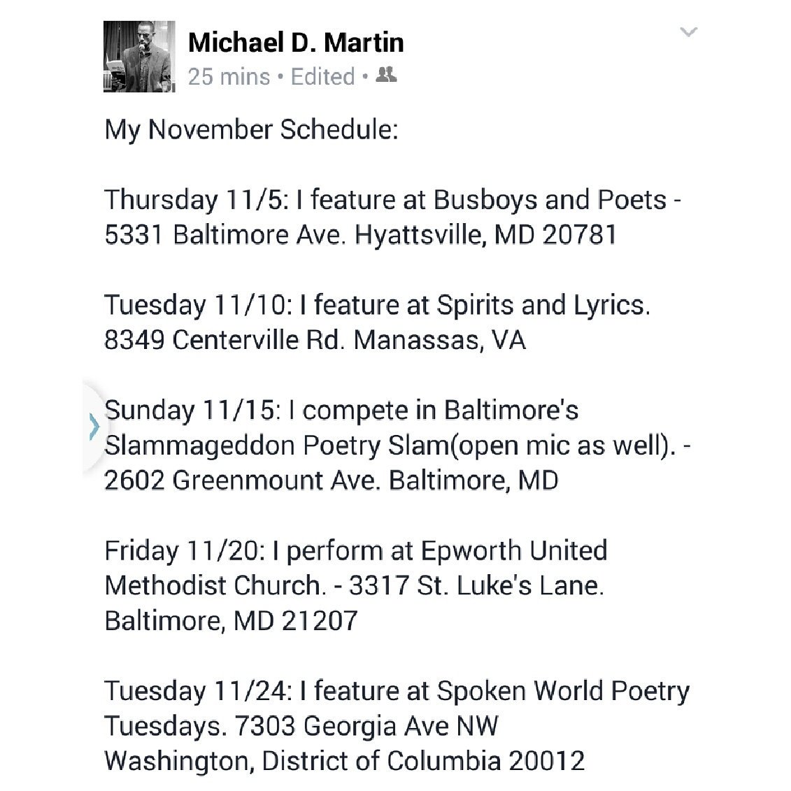 DontForgetTheD's tweet photo. Hey beautiful people! Here's my performance schedule for November! I hope to see you at least once! https://t.co/45u3CRGZ64