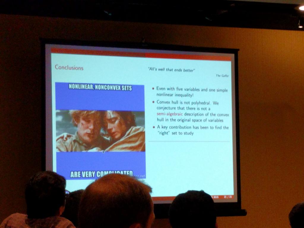 miketrick's tweet image. Nonlinear problems are like Lord of the Rings according to @JeffLinderoth at  #informs2015