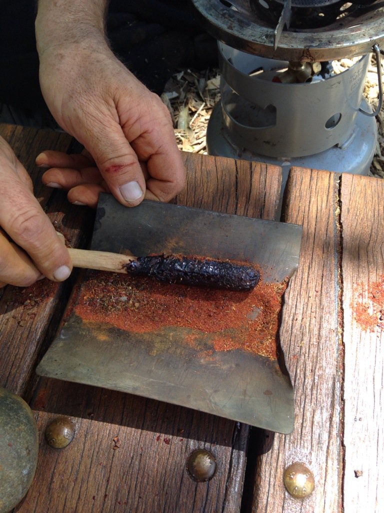 ebbehayes's tweet photo. Making hafting adhesives with Xanthorrhoea resin. Third step: heat &amp; roll on a stick, ready to reheat and use later! https://t.co/LVsBkfJ7qZ