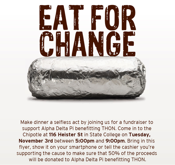 ADPiTDX's tweet photo. I got guac in my ritto'
Get Chipotle 11/3 to benefit THON.
Press rewind and eat it 1 more time if you're generous! https://t.co/VB1osRaP6e