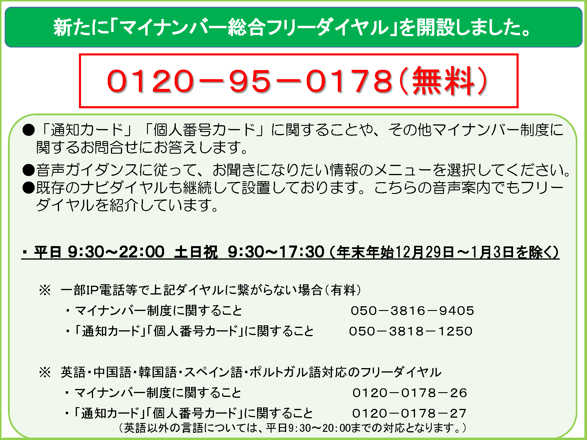 マイナンバー制度 マイナポイント第２弾まもなく 本日 マイナンバー総合フリーダイヤルを開設しました 通話料無料で 通知 カード 個人番号カードに関すること その他マイナンバー制度全般についてお問合せにお答えいたします 番号は ０１２０ ９５