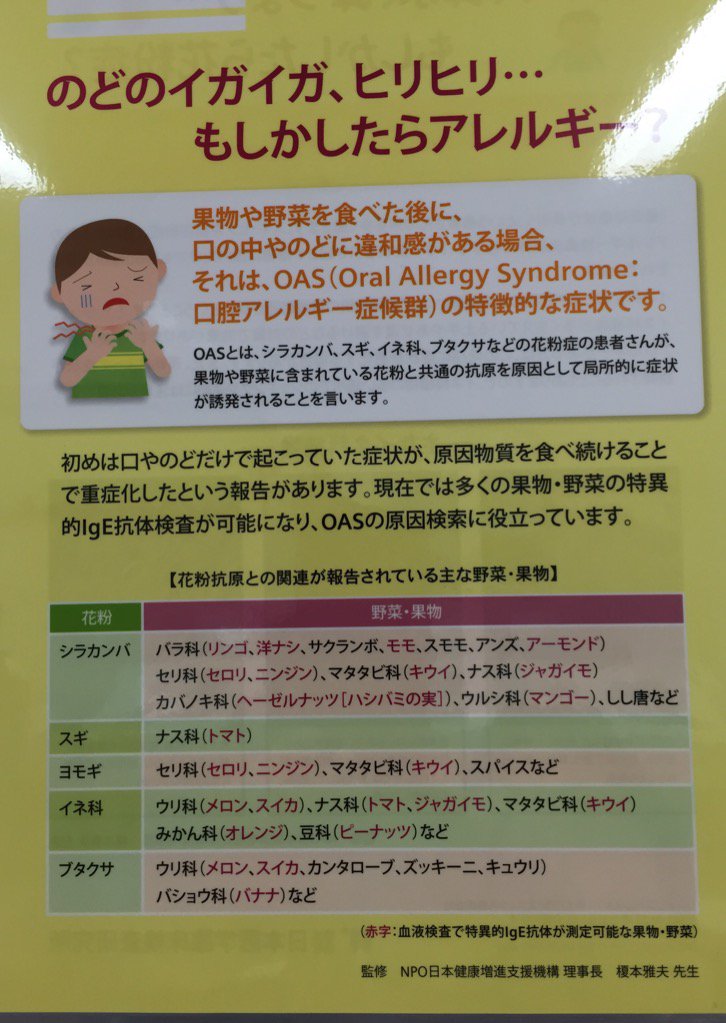 ぼのきち 口腔アレルギー症候群 花粉症の人が果物等により口腔内のアレルギー症状が起こる の 花粉 抗原との関連が指摘されてる野菜果物一覧 原因物質を食べ続けることで重症化する事例もあるとのこと 花粉症の人はご注意を 耳鼻科にて T Co