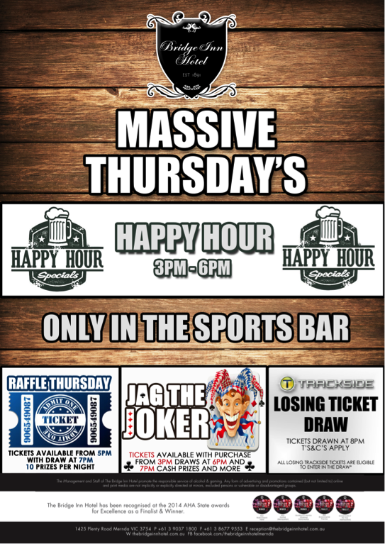 BridgeInnMernda's tweet photo. Head in to the sports bar for MASSIVE THURSDAY’S 3-6pm HAPPY HOUR! https://t.co/bHLtNe9DdW https://t.co/u71MDDzv29