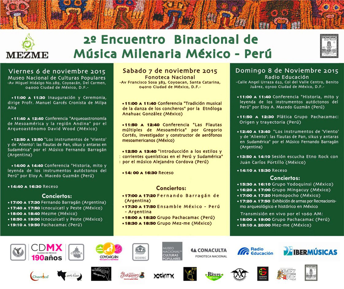 PACHACAMACGRUPO's tweet photo. Ciudad de México "2° Encuentro Binacional de Música Milenaria, México-Perú", aquí programa del 6 al 8 de noviembre ! https://t.co/QOgZIOEdX0
