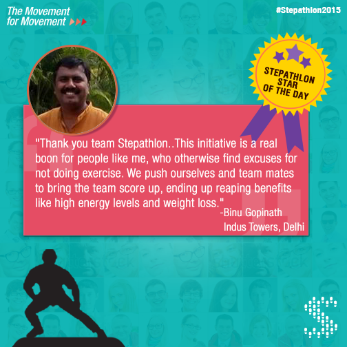 Stepathlon's tweet photo. And that’s why, at Stepathlon, we say ‘Move over excuses'. Great going #Stepathlete Binu Gopinath, Indus Towers https://t.co/AuOt1BtZ4h