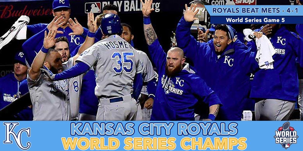 GMA's tweet photo. JUST IN: Kansas City @Royals win the 2015 #WorldSeries 4-1 over the @Mets. First title since 1985. #TakeTheCrown https://t.co/eEECKFKQf0