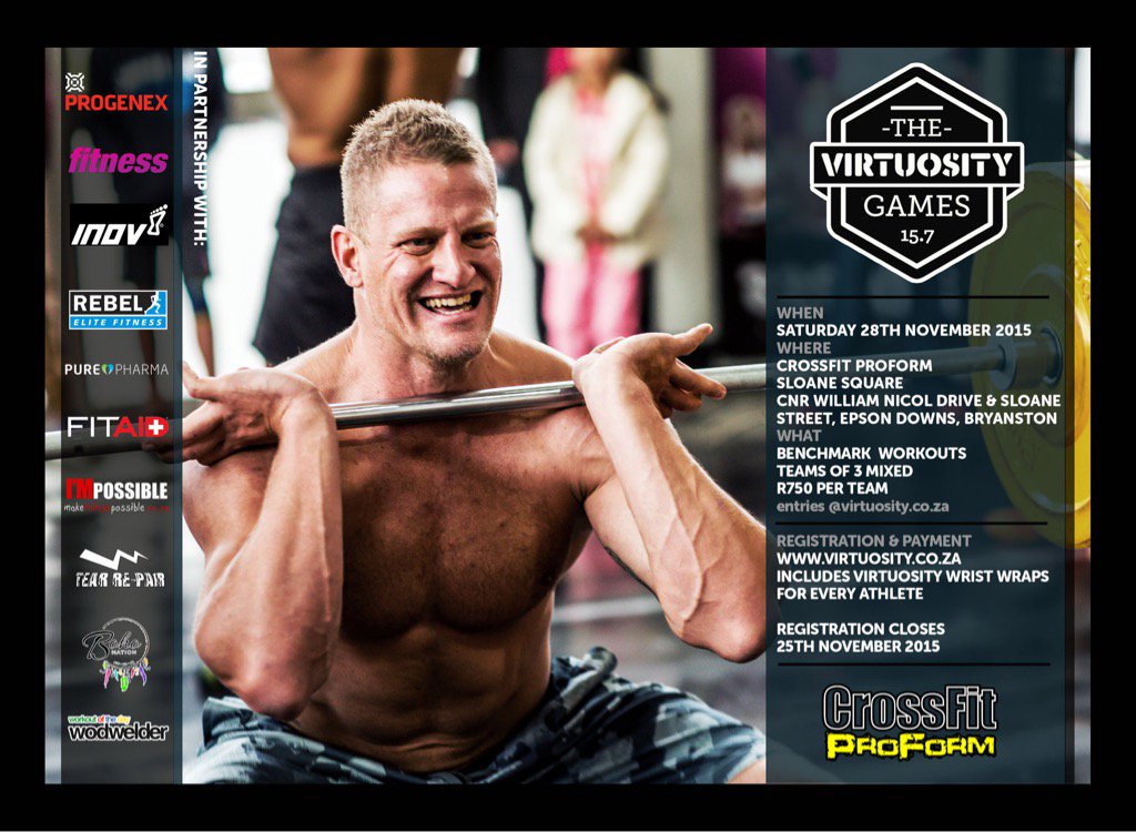 VirtuositySA's tweet photo. Entries are open! #VirtuosityGames 15.7 @crossfitproform, spots are limited! @CrossFitRbg @BSTHydePark @cfurbanshack https://t.co/AX7WUphWQe