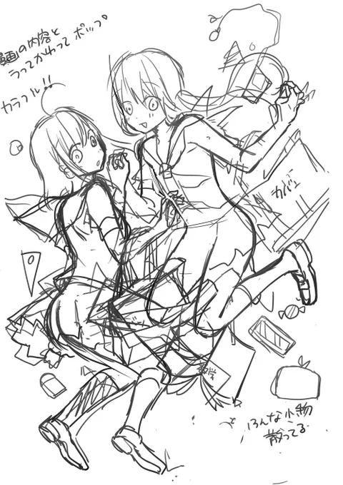 カラーの①ラフ②下絵③ペン入れです。ラフの適当さ加減( ◠‿◠ ) 