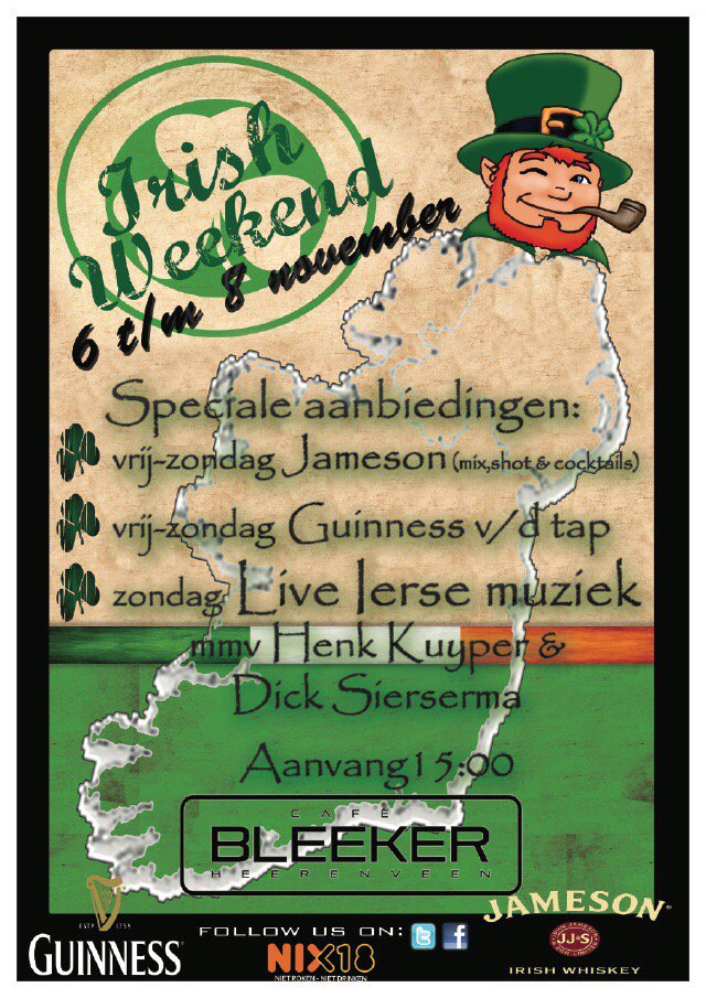 Komend weekend Irish Weekend, <a href="/GuinnessIreland/">Guinness Ireland</a> <a href="/jamesonwhiskey/">Jameson Whiskey</a> <a href="/CafeBleeker/">Cafe Bleeker</a> #LiveMusic