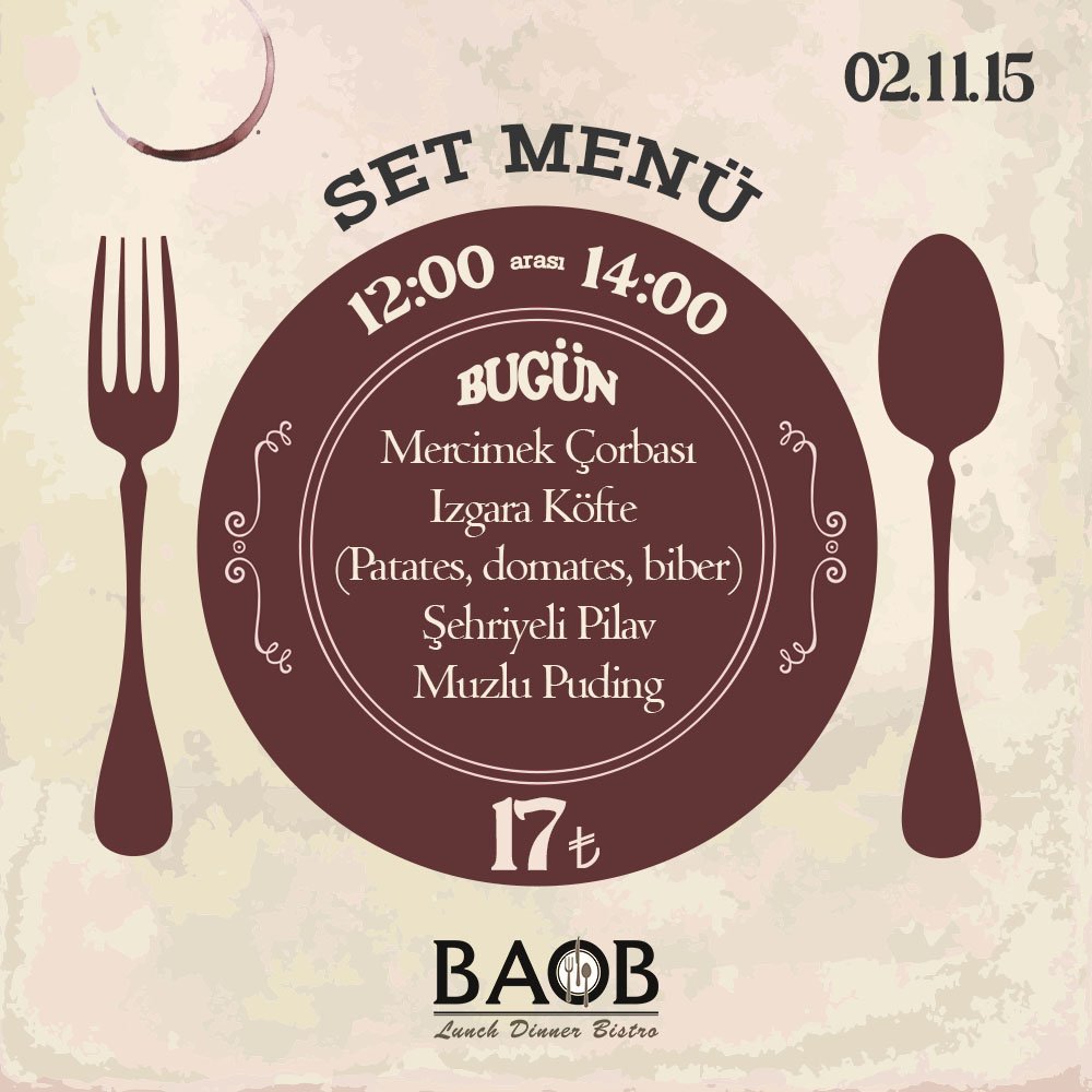 baob_bursa's tweet photo. BAOB Set Menüde Bugün. #afiyetolsun #öğleyemeği #baoblunchdinnerbistro https://t.co/RlNiTbL0NI