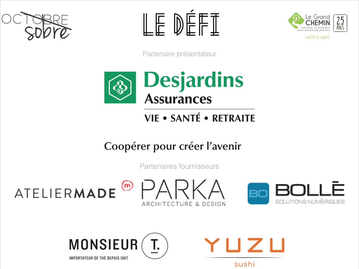 GrandChemin's tweet photo. Merci aux partenaires du Défi #OcSobre: Desjardins Assurances, Atelier Made, Parka, Bollé, Monsieur T. et Yuzu Sushi https://t.co/QlFRjOZDe2