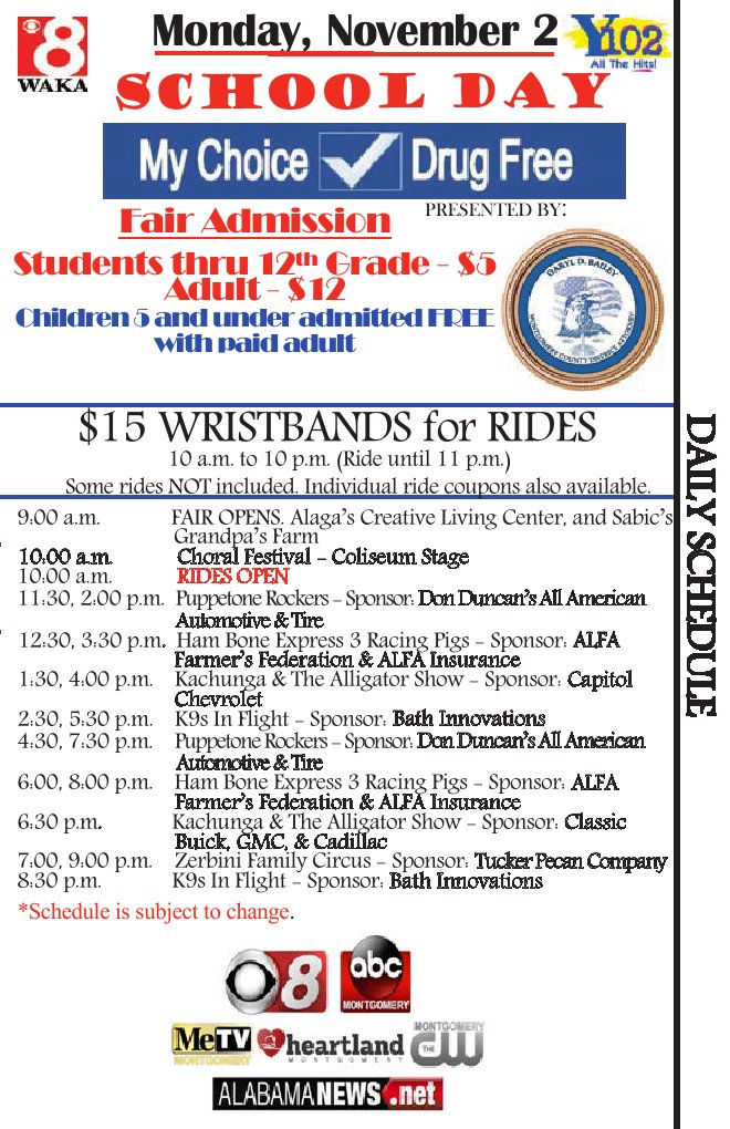 AlaNationalFair's tweet photo. Today is SCHOOL DAY at the Fair. Students thru 12th grade $5 Adults $12
$15 Wristbands for rides. https://t.co/epTK6M79Br
