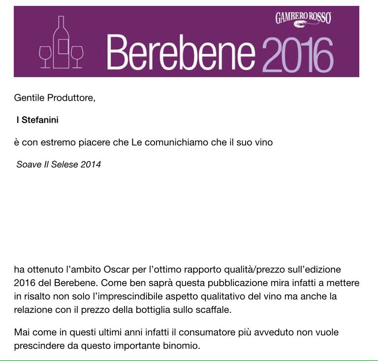 istefanini_wine's tweet photo. Il nostro #SELESE si Γ¨ aggiudicato l'#Oscar del #Berebene 2016 @ilGamberoRosso @IlSoave #wine #winelover #soavewine https://t.co/6QQ1QKblU6